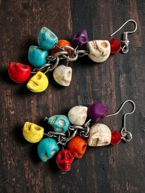 Colorful Day of the Dead Multi-skull Dangle Earrings